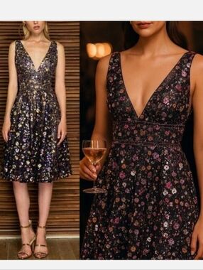 V-Neck Floral Sequin Cocktail Dress Bronx and Banco